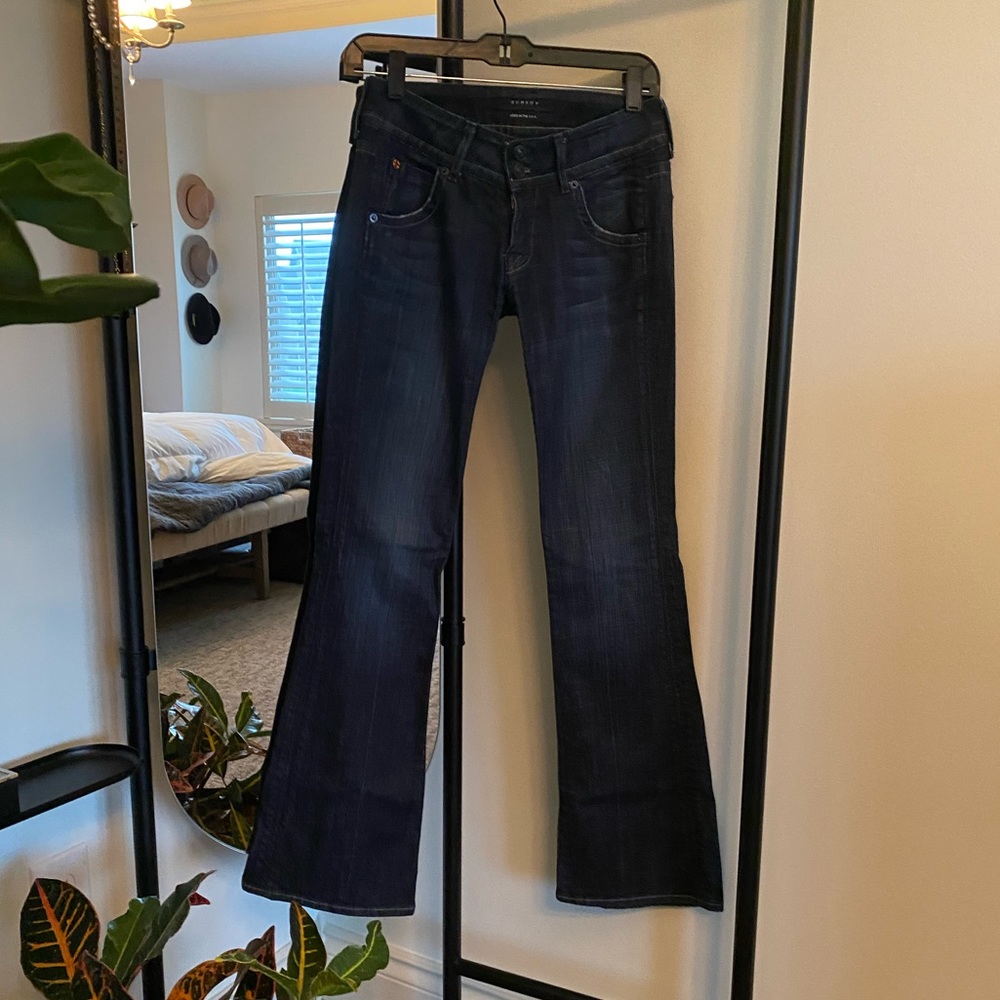 Hudson flare dark wash jeans.